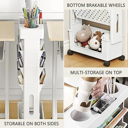 Mobile Bookshelf, Rolling Bookcase Book Storage Rack, Movable 5-Tier White