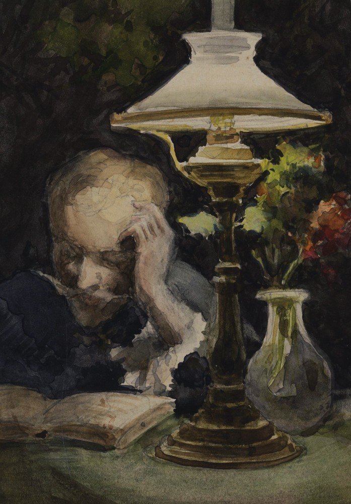 Unknown Reader With Lamp Impressionism Original Watercolour Unsigned 1896