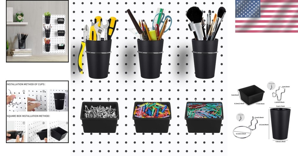 6-Piece Pegboard Organizer Set: Rust Resistant Hooks & Bins for Tools - Black
