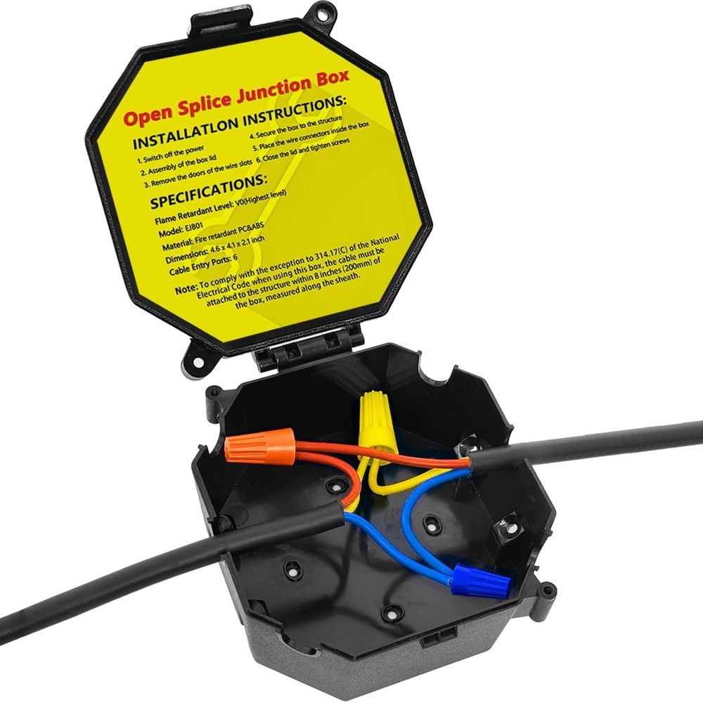 MIARALA Black Open Splice Junction Box (Single), Electrical Splice Box Wire J...