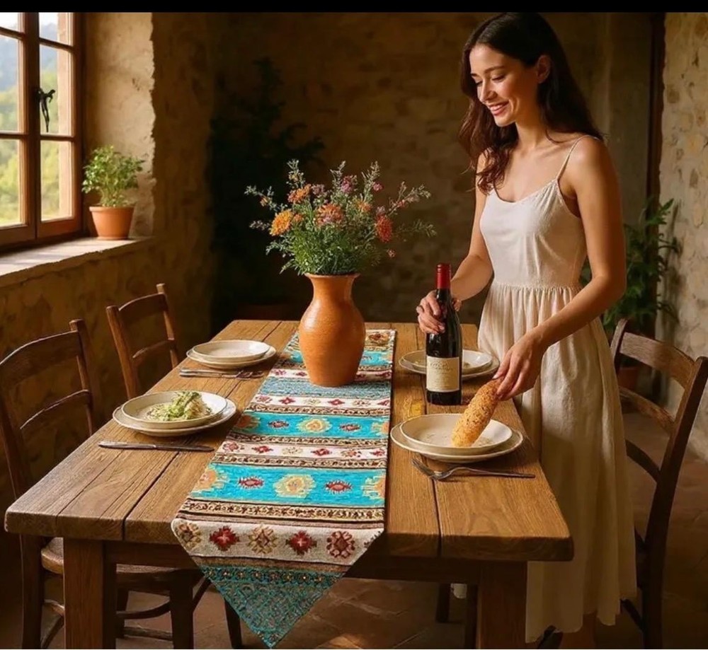 Vintage Turkish Kilim Table Runner: Turquoise Blue Boho Dining Decor