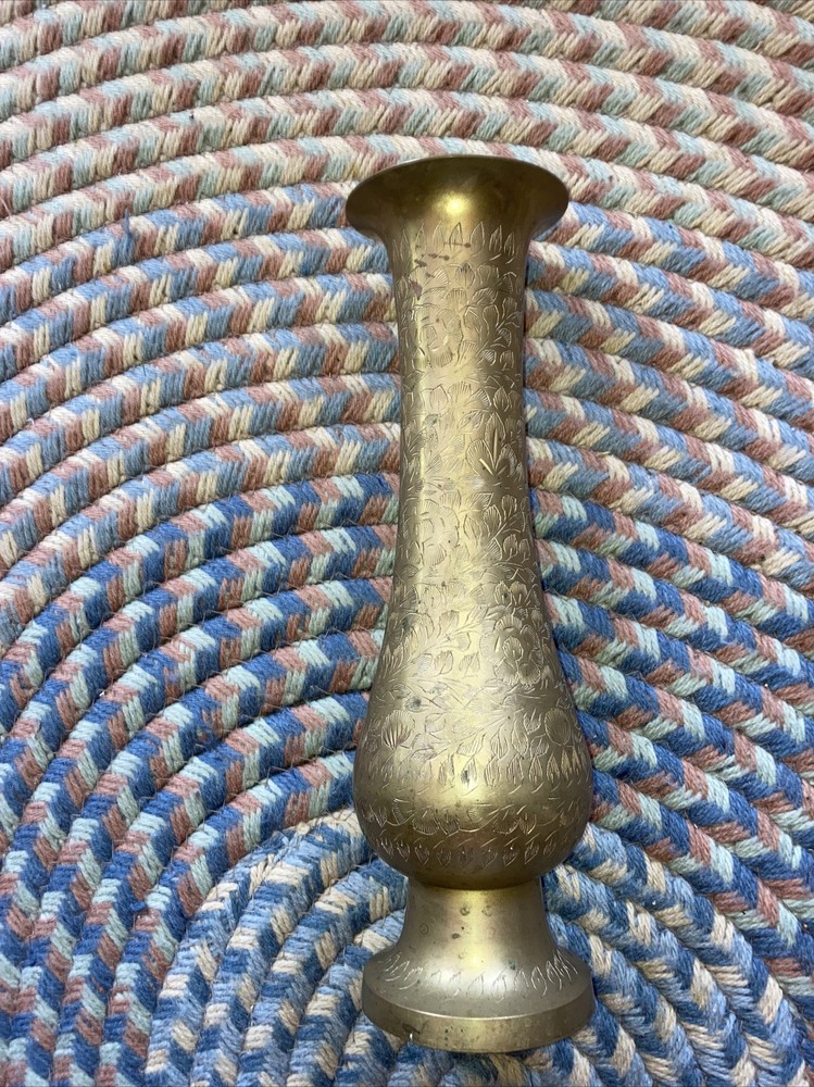 vintage large heavy solid Engraved ￼brass vase 14”