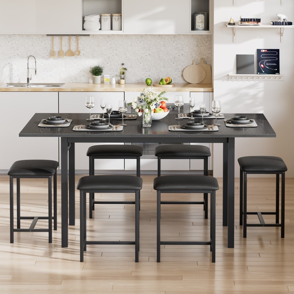 Extendable Dining Table Set with USB Charging, Kitchen Table with 6 Stools Black