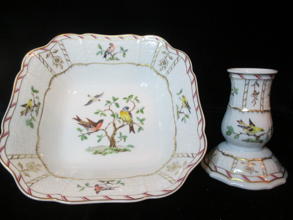 HEINRICH VILLEROY & BOCH SQUARE BOWL & MATCHING CANDLE HOLDER BIRDS EMBOSSED