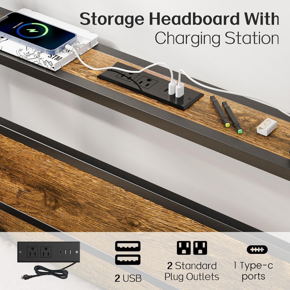 Twin Bed Frame with Storage Headboard USB Charging Station, Smart LED Lights,...