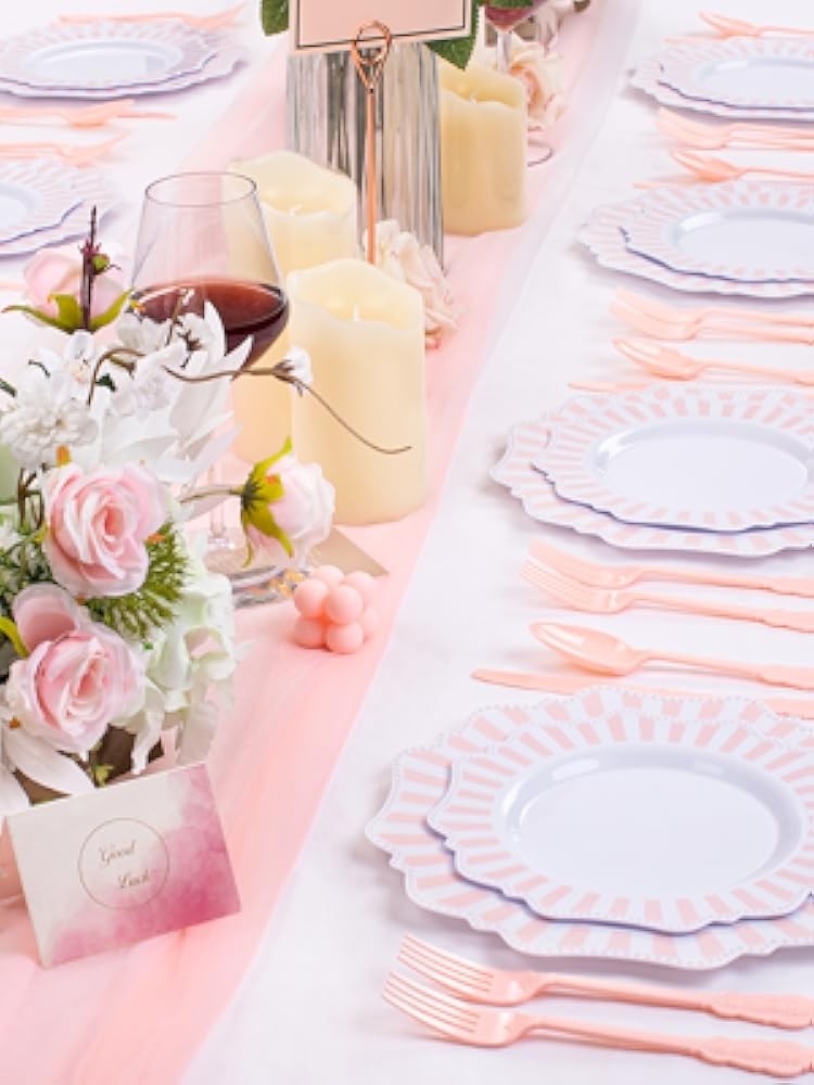 Disposable Pink and White Stripped Plastic Plates and Sierware