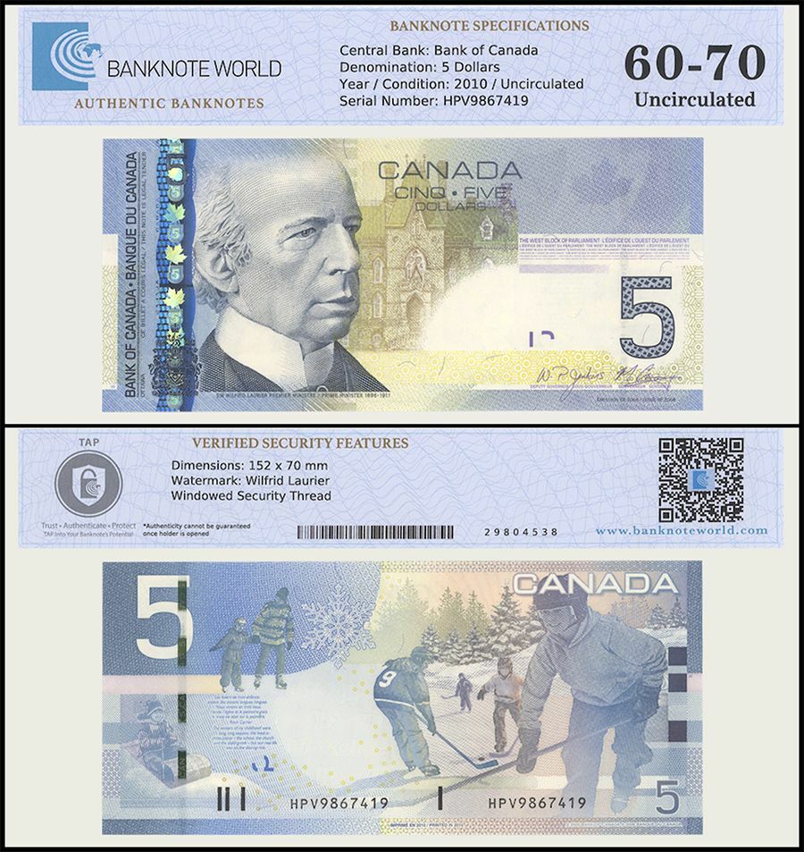 Canada 5 Dollar, 2010, P-101Ad, UNC, Authenticated Banknote