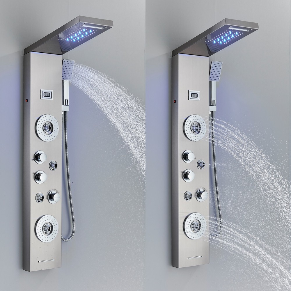 LED Shower Panel Tower System Rain&Waterfall Body Massage Jet Brushed Nickel