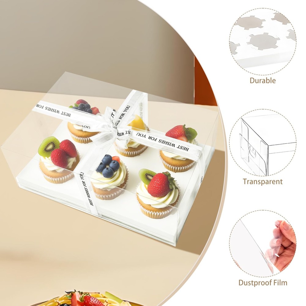 Seuqhck 15 Pack Clear Cupcake Boxes, 6 Compartment Cupcake Container Set, Sta...