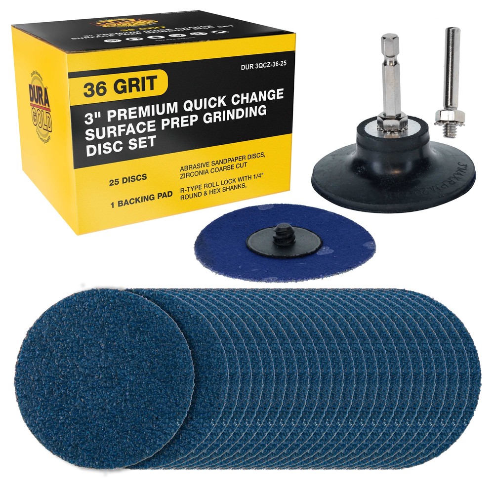 Dura-Gold 3" 36 Grit Quick Change Surface Prep Grinding Disc Set, 25 Discs, Pad