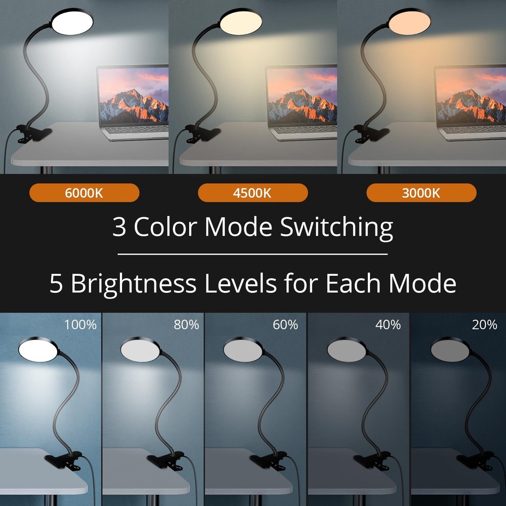 Reading Light with Remote, LED Desk Lamp Clip on [1H Timer & Nightlight] RA 9...