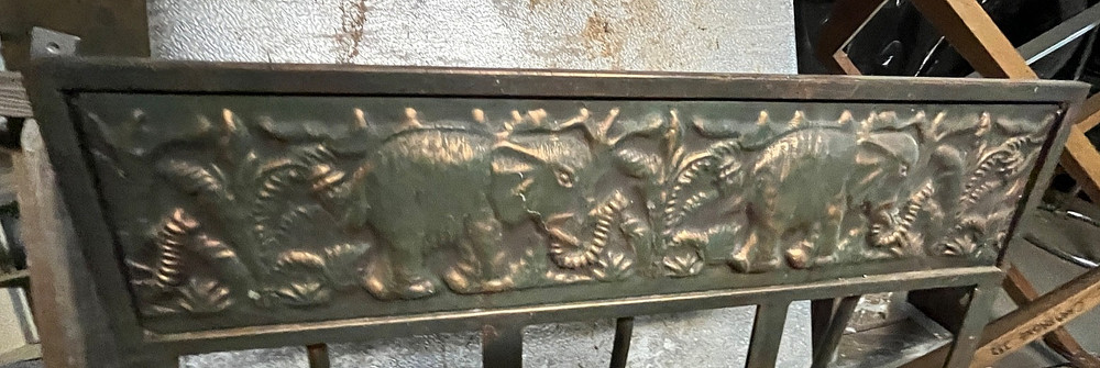 Antique embossed copper fireplace screen elephants,tools, Peacock