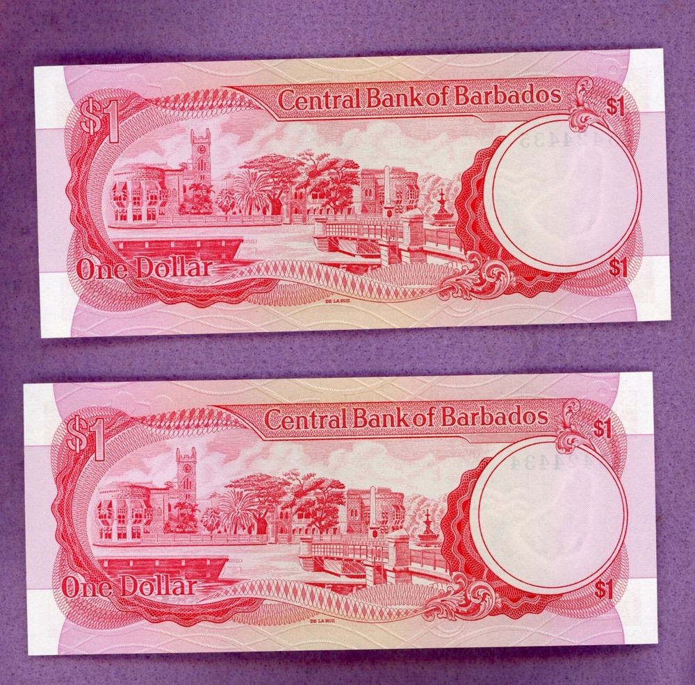 BARBADOS ~ 1973 ~ $1 ONE DOLLAR NOTE LOT ~ CH CU ~ 2 NOTES