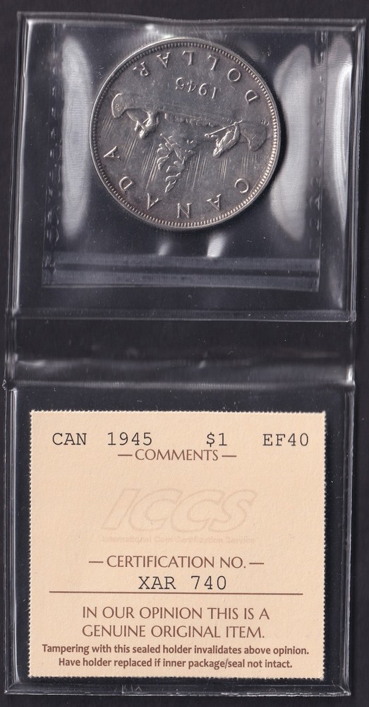 Canada 1945 $1 One Silver Dollar ICCS Graded EF-40 .800 Silver