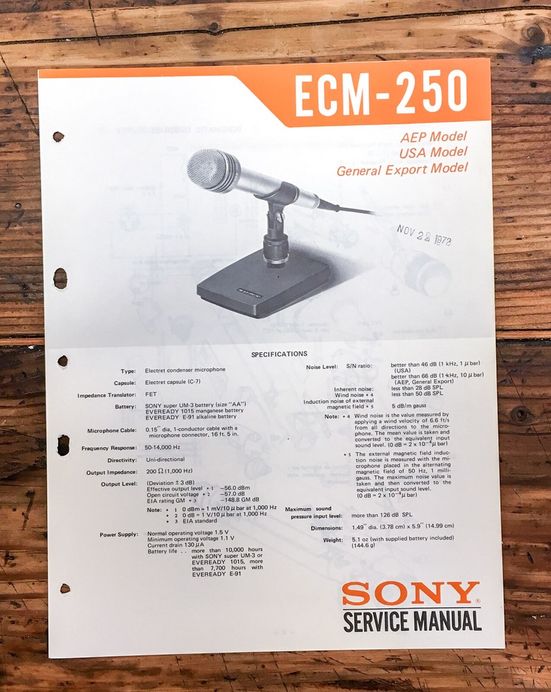 Sony ECM-250 Microphone  Service Manual *Original*