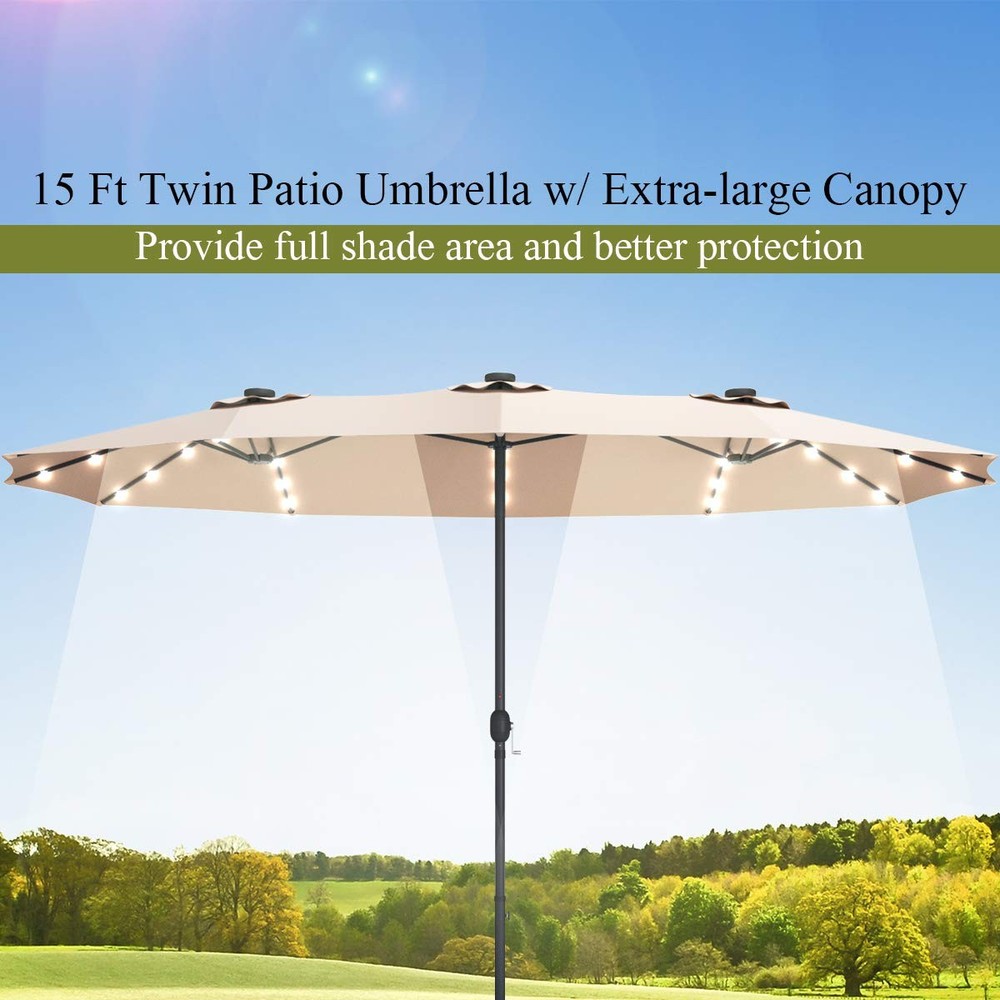 15 Ft Double Sided Patio Umbrella with Solar Lights, Extra Large Rectangle Ou...