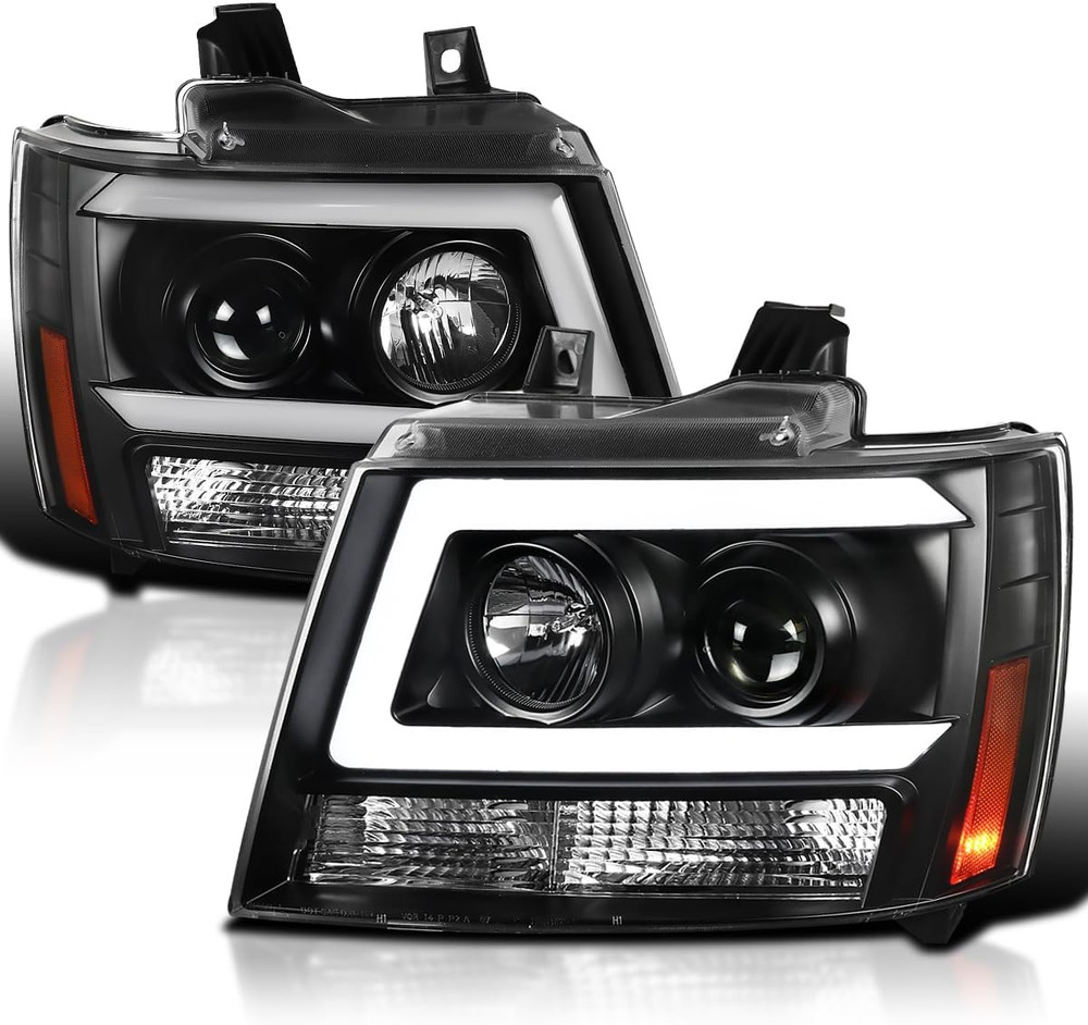 Black LED Bar Projector Headlights Compatible with 2007-2014 Chevy Avalanche, Ta