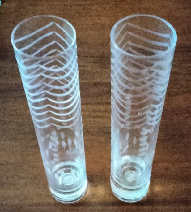 TWO 10" ETCHED BUD VASES by Crstal Clear
