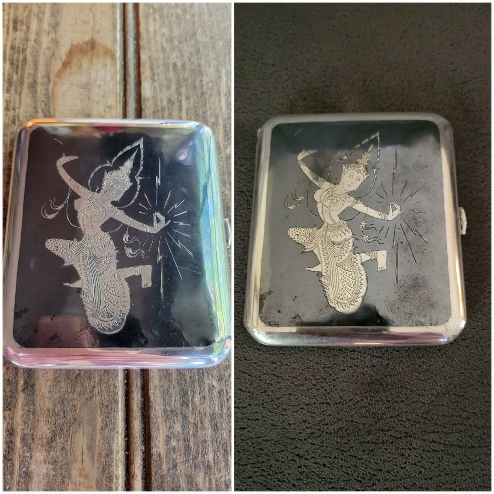 VTG Siam Thailand Solid Sterling Silver & Niello Dancer Etch Cigarette Case