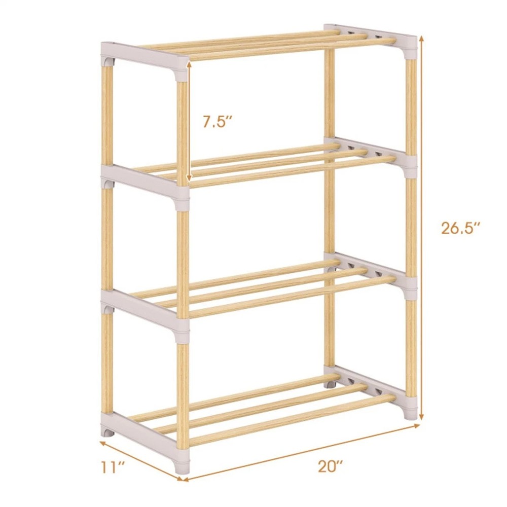 4-Tier Solid Pine Wood Shoe Rack Stackable Design Ventilated Slatted Shelves