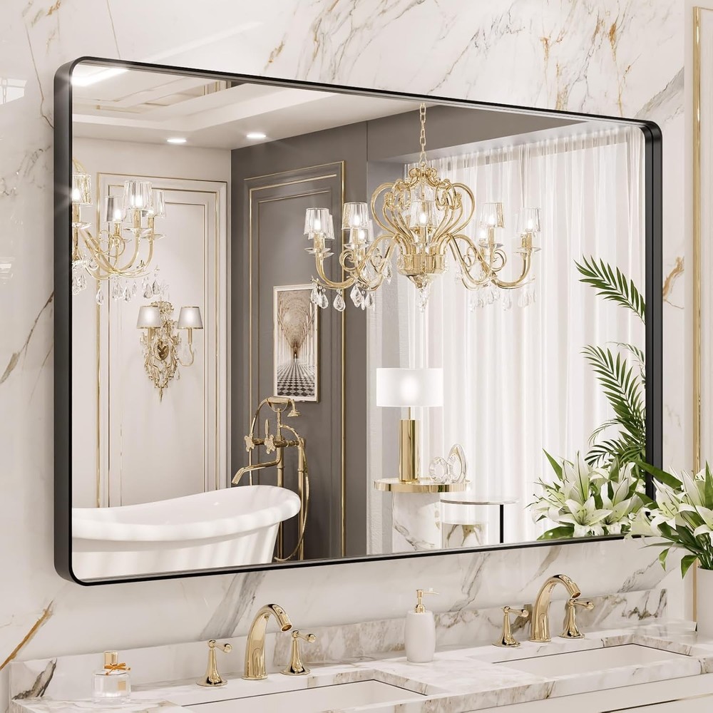 Black Metal Framed Bathroom Mirror Wall 22X30 Inch Rounded Rectangle Mirror