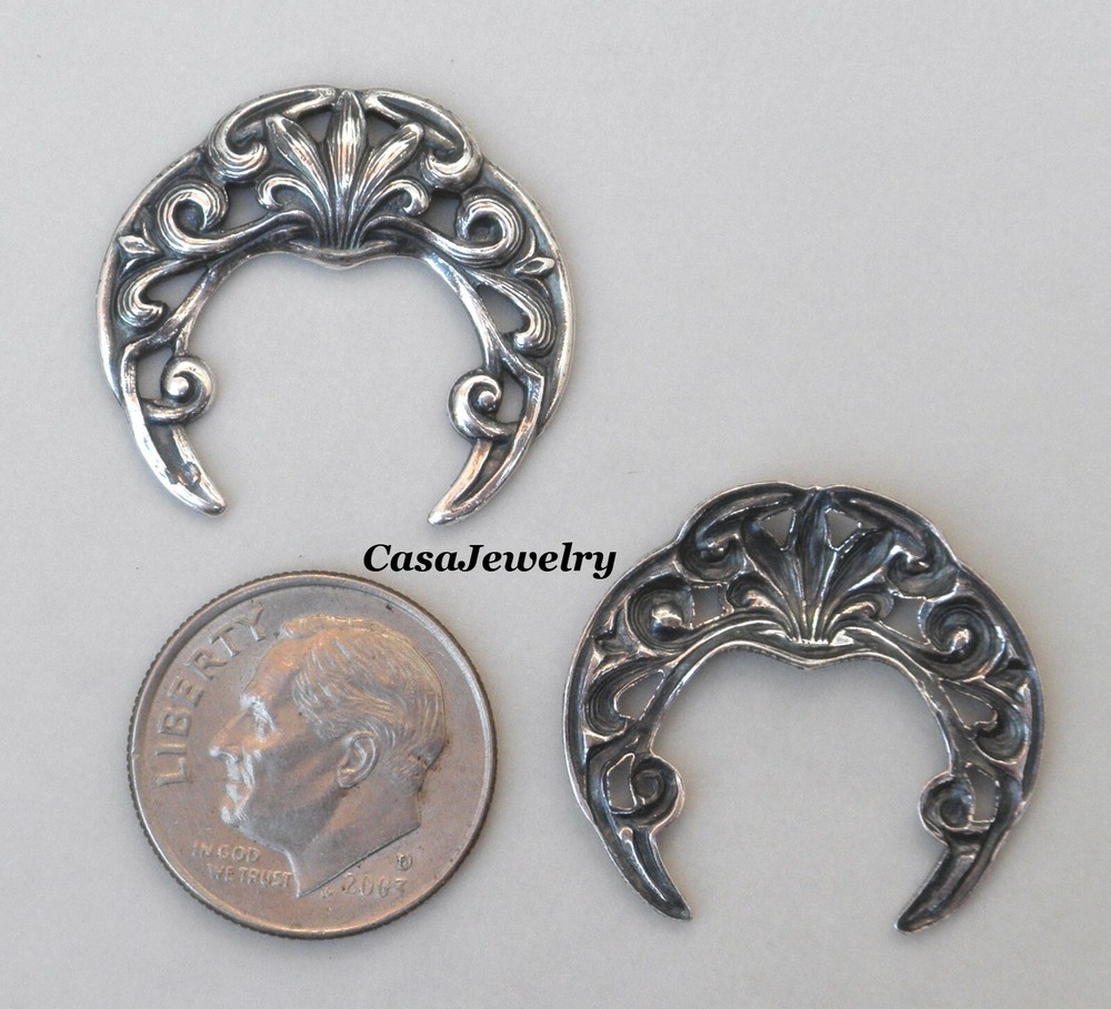 #3407 SM ANTIQUED STERLING SILVER PLATED OPEN FILIGREE CRESCENT - 2 Pc Lot