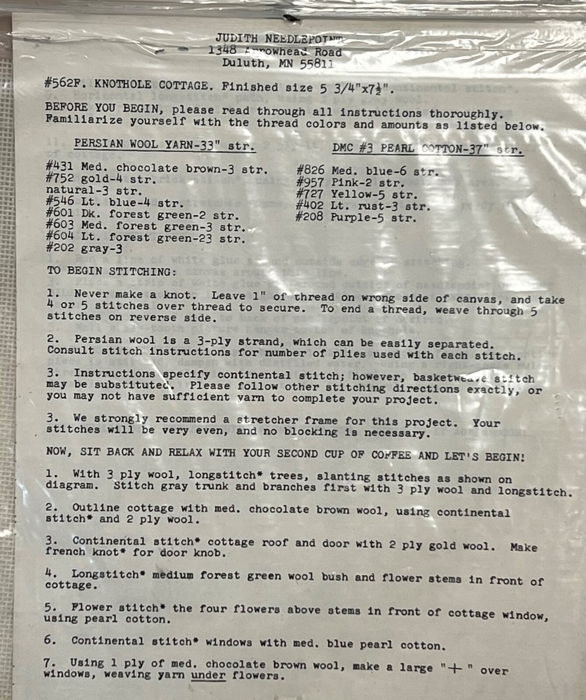 Judith Needlepoint KNOTHOLE COTTAGE Needlepoint Canvas w/Instructions 562F