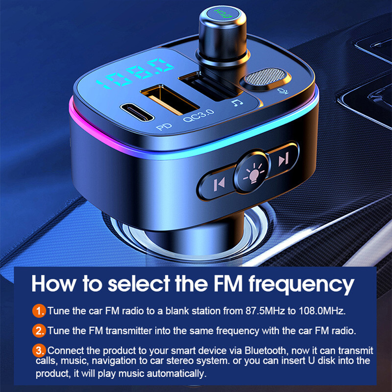 Bluetooth 5.0 Car Wireless FM Transmitter Adapter Handsfree QC3.0 USB PD Charger