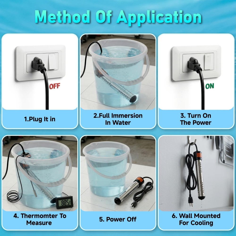 Immersion Water Heater Electric 2000W, Portable Submersible Water Heater with...