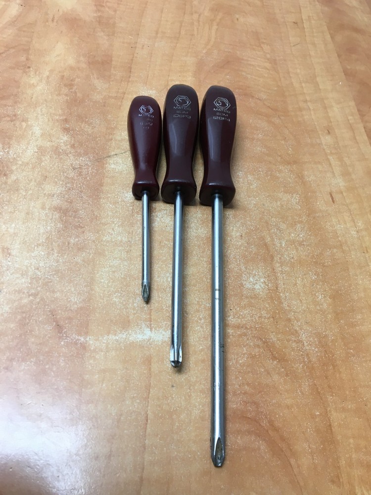 Vintage Matco tools Maroon Handle 3pc Phillips screwdriver set  #2 #3 #4 4-8"