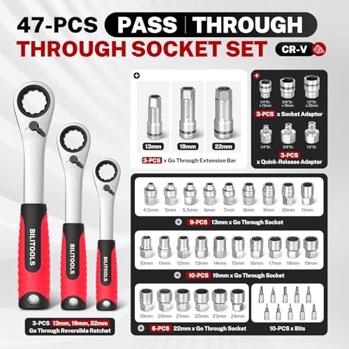 47 PCS Pass Through Socket Set with 1/4" & 47-Piece Pass Through Socket Set