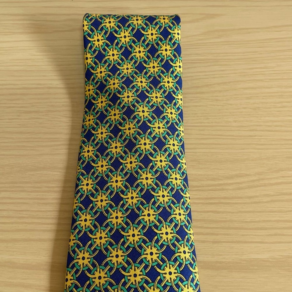 HERMES Blue Gold Green Gear Pattern Tie