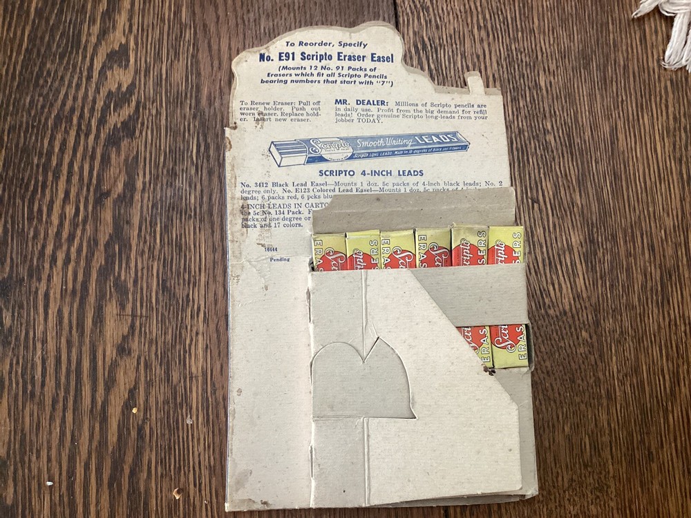 Vintage Scripto Eraser Store Display With 12 Boxes Of Erasers