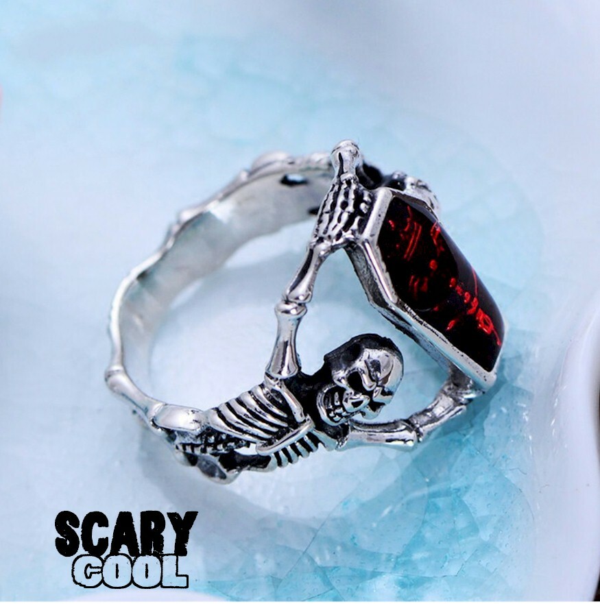 New Skeleton Coffin Vampire Skull Gothic Silver Biker Mens Ring
