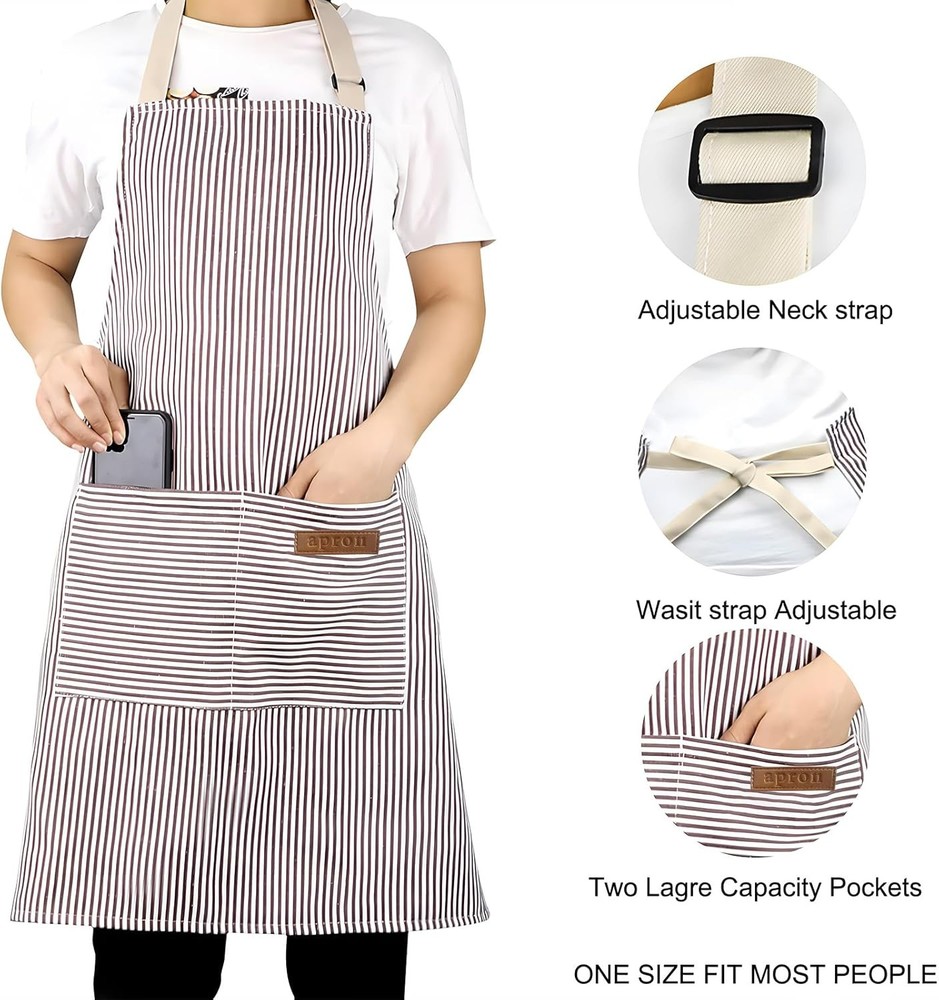 2 Pack Apron, Cooking Kitchen Aprons, Adjustable Black/Brown Thick Stripes