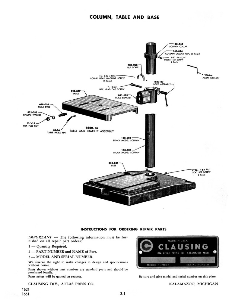 Clausing 15" Variable Speed Drill Press Op, Instruction, Parts List Manual #1876