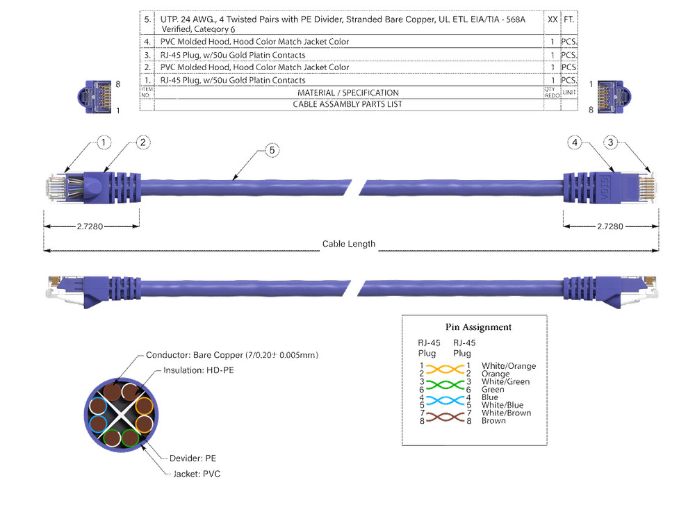 50ft Cat6 UTP Ethernet Network Patch Cable Snagless 24AWG Bare Copper, Purple