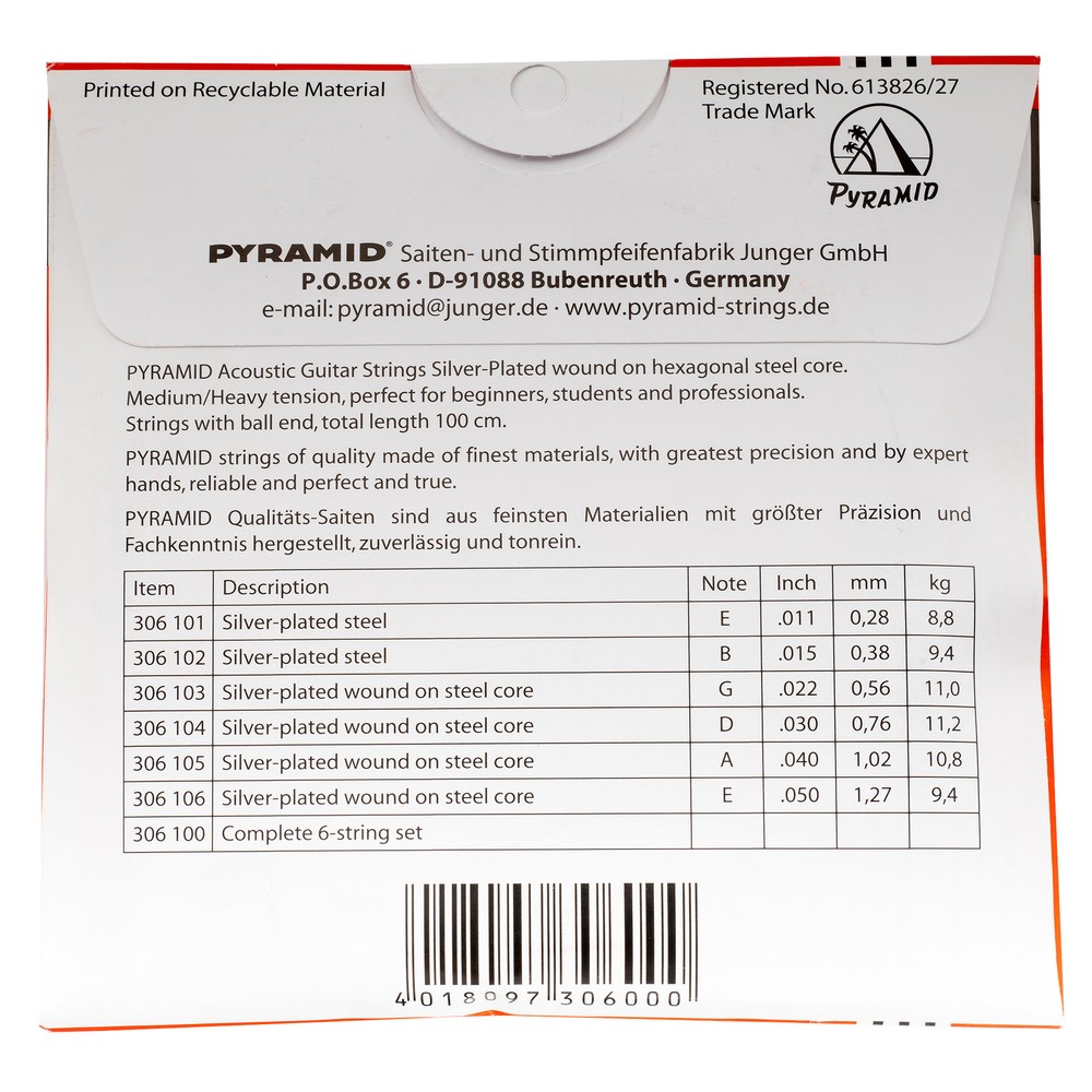 Pyramid 306100 Medium Heavy Silver Plated Wound Hex Core Acoustic Guitar String