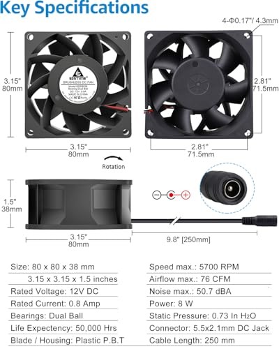 80mm x 38mm Small Computer Fan with AC Plug, 120V 8038 w/ Speed Controller