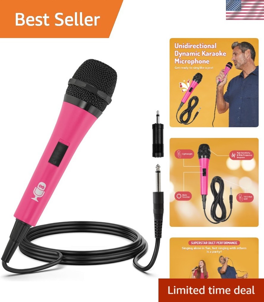 10.5ft Wired Karaoke Microphone for Singing - Dynamic Unidirectional Pink Mic