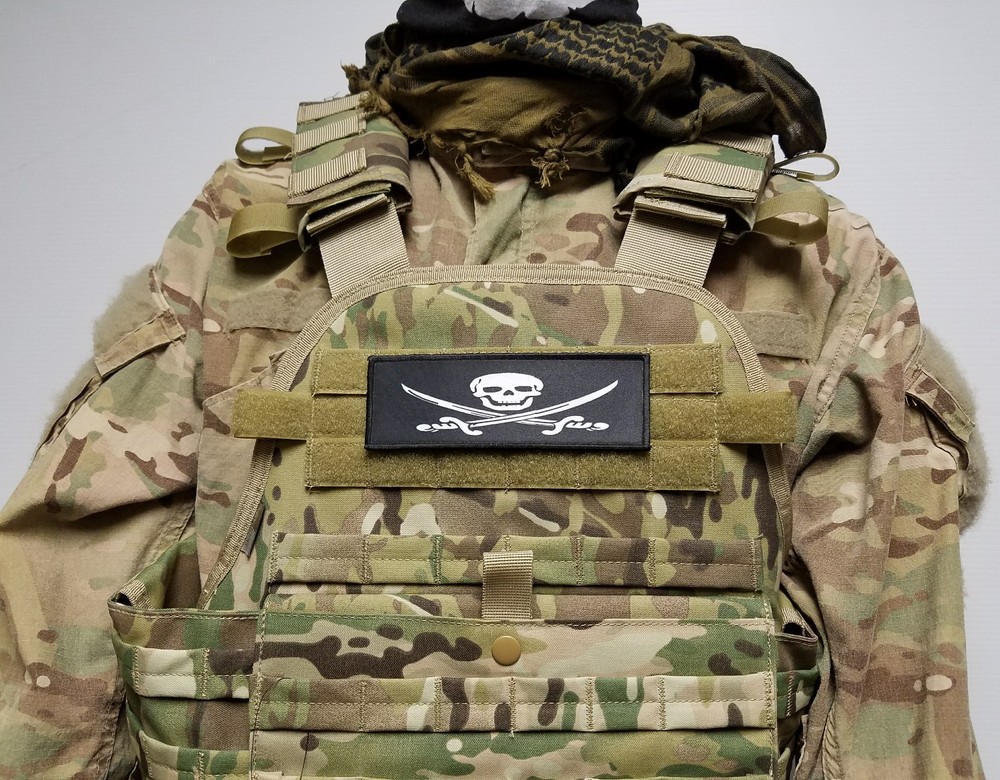 2x6 JOLLY ROGER Raid Patch Hook Backed Maritime Security Pirate Skull