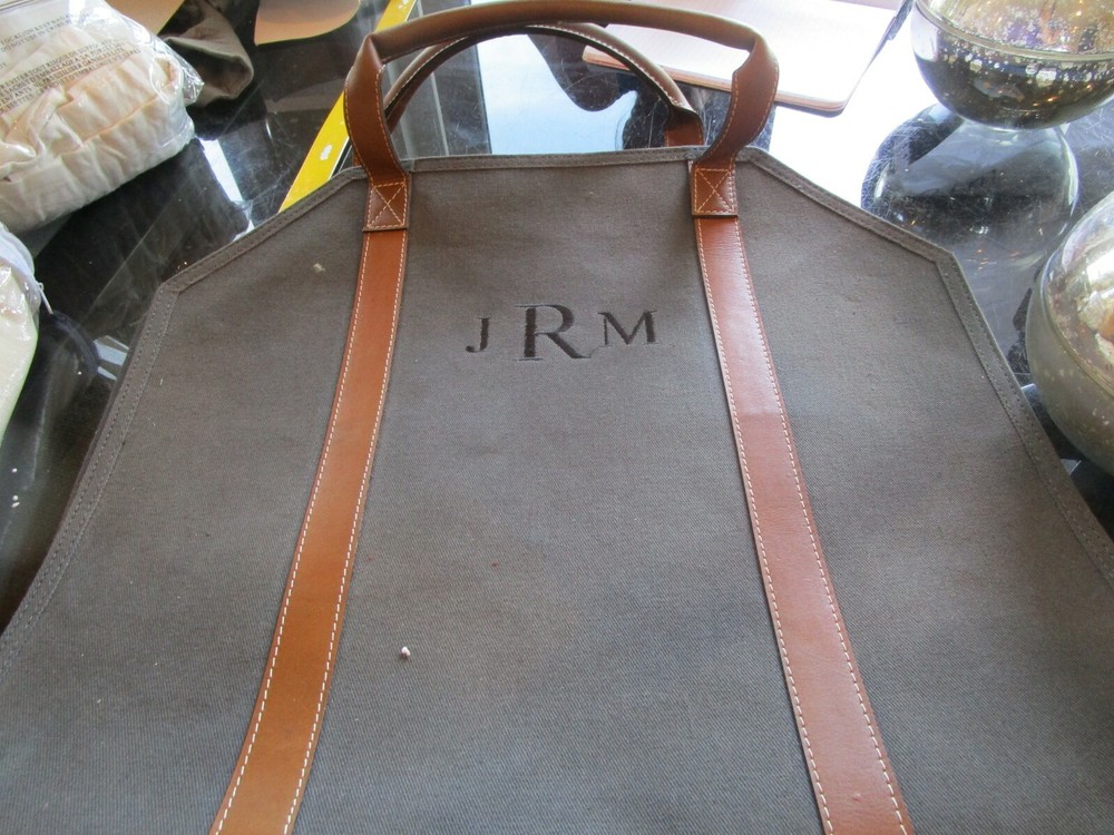 Pottery Barn Canvas and Leather Log Holder monogrammed  JRM New