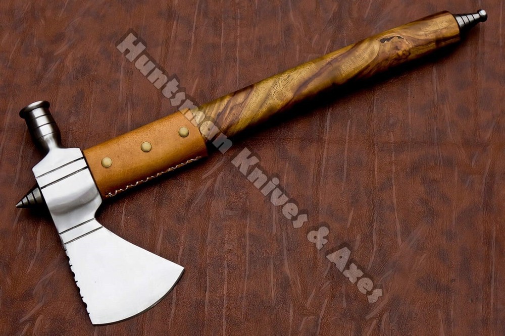 Forged Damascus Steel American Native functional Smoke pipe Tomahawk ( pole Axe)