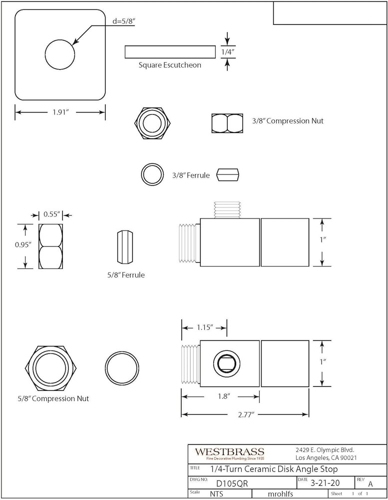 A105QS-62 Square Handle 1/4-Turn Angle Stop 1/2" Copper X 3/8" Compression, Matt