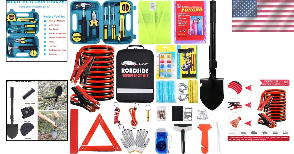 All-in-One Roadside Assistance Kit: Reflective Triangle, Tools & Jumper Cables