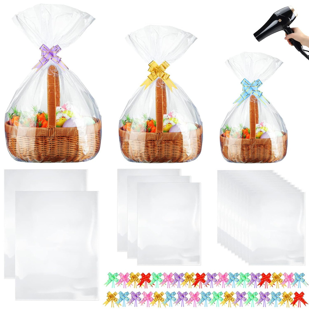 100 Clear Shrink Wrap Bags w/ Bows – 3 Sizes for Gift Baskets & Packaging
