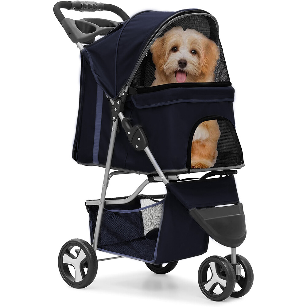 3/4 Wheels Foldable Pet Strollers Cat Dog Cage Strollers w/ Cup Holder & Basket