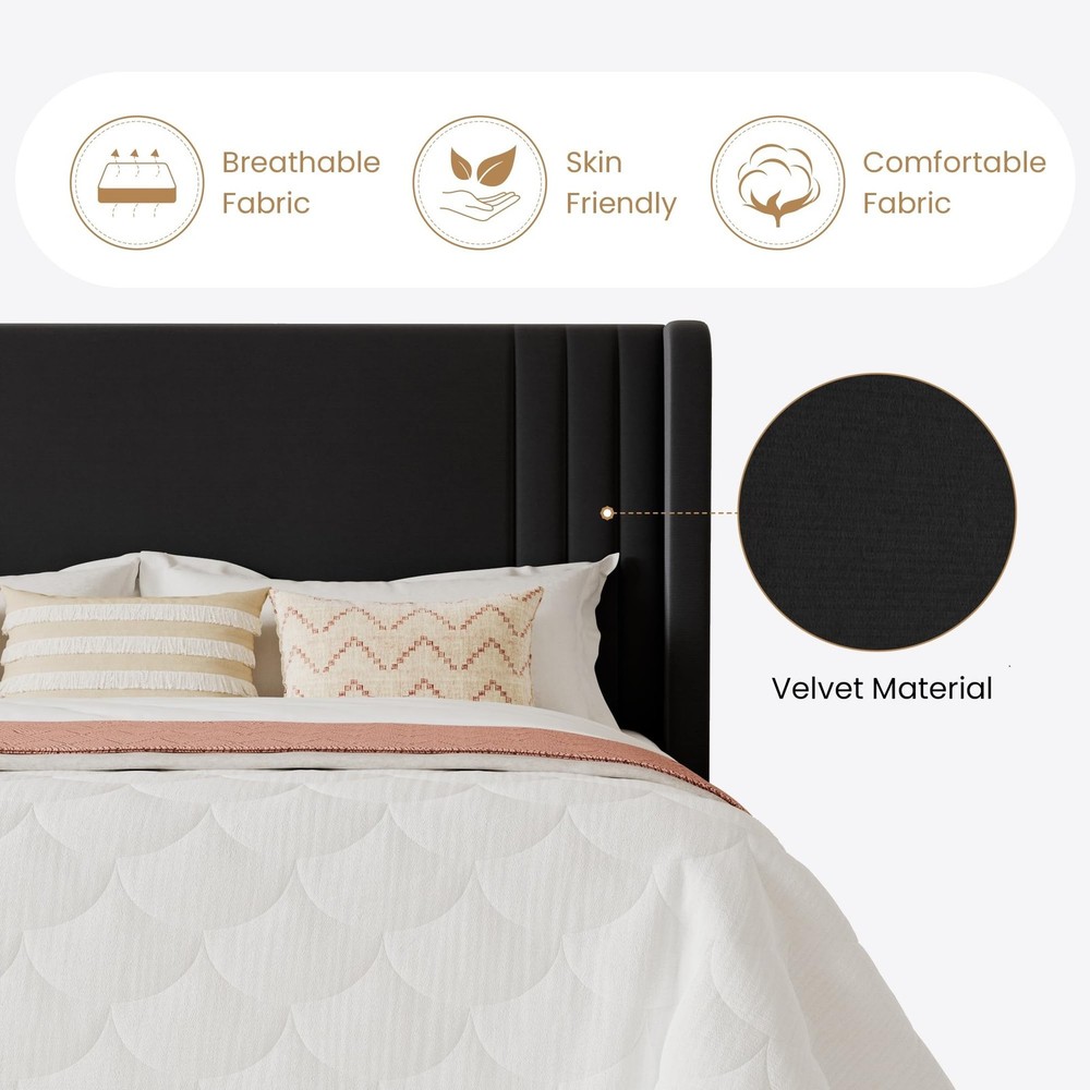 SHA CERLIN Queen Size Velvet Upholstered Platform Bed Frame with Vertical Cha...