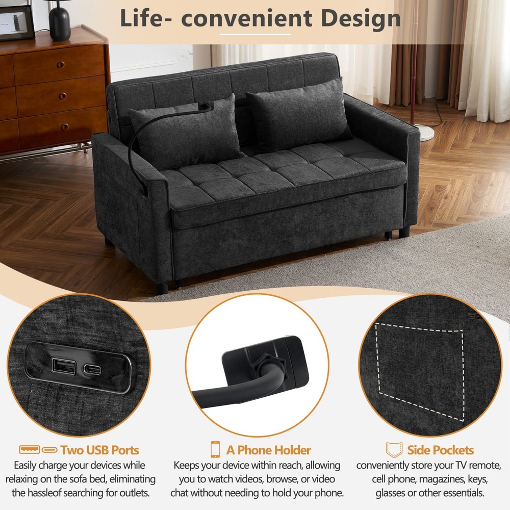 56.9'' Convertible Sleeper Sofa Bed Loveseat Sofa with Pull Out Bed & USB Ports