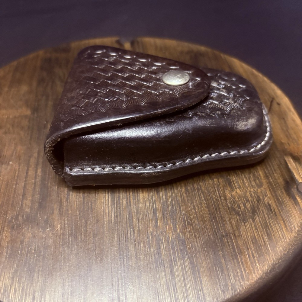 Sun Leather Handcuff Case Tooled Basketweave Leather w/ Chrome Snap